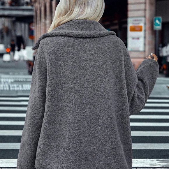 Contemporary Dual Pocket Lapel Neck Teddy Coat Grey - Picture 3 of 5